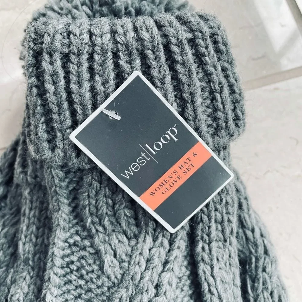 NWT West Loop Grey Beanie Pom Pom Hat & Gloves Gift Winter Set Cozy,Soft,Beautif